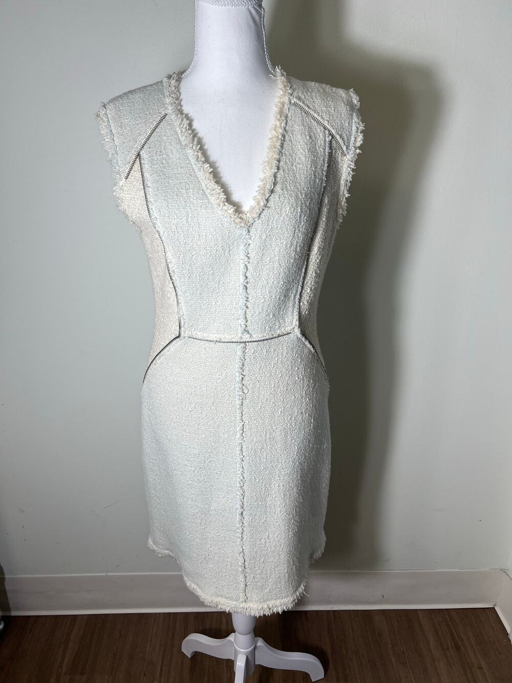Rebecca Taylor Cream With Light Blue Insets V Neck Sleeveless Mini Dress Sz 8